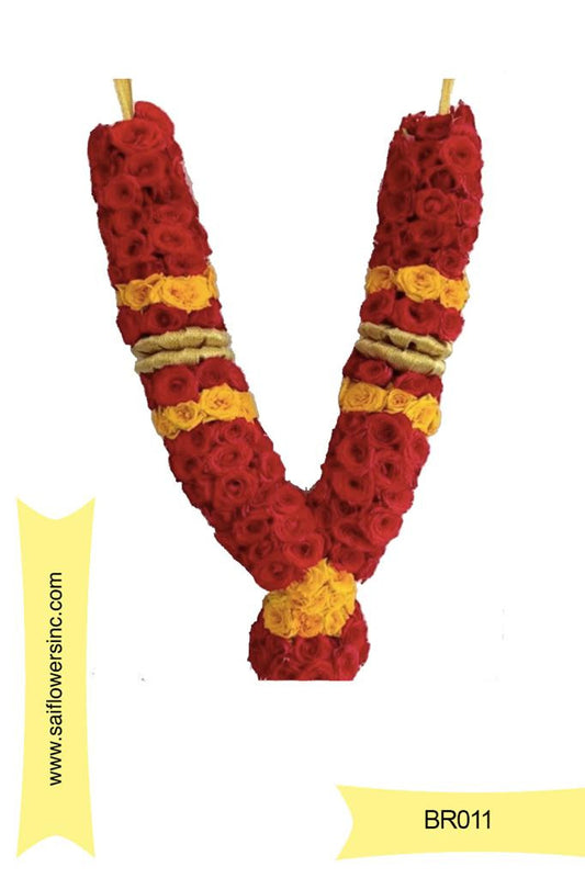 Red & Yellow Button Rose Garland with 2 Gold Ribbons